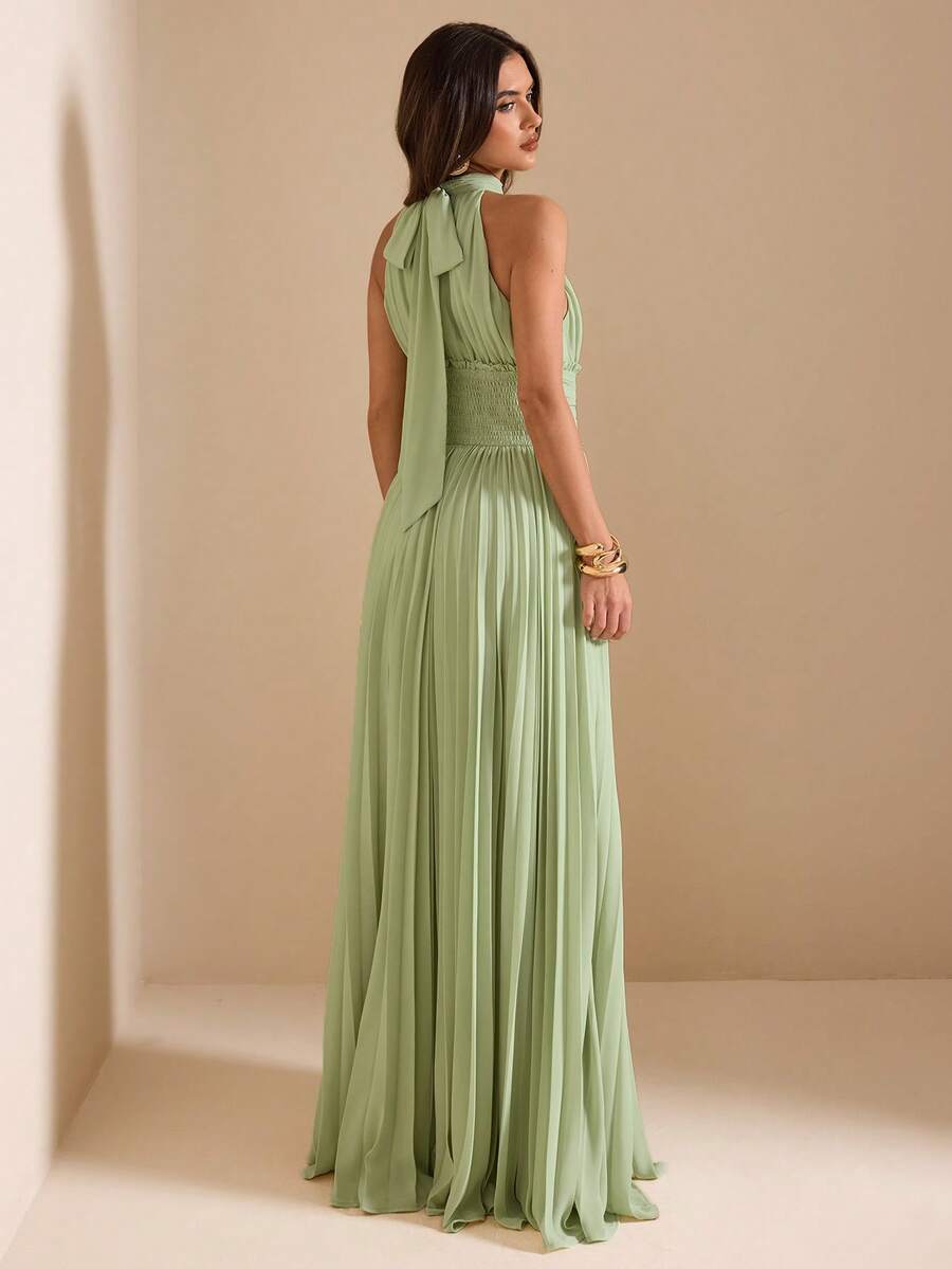 SHEIN BAE Spring & Summer Green Neck-Tie Waist Ruffle Dress, French Romantic Style For Dates And Vacations - Green - View 1