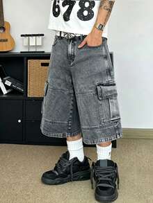 STEELVANCE Men's Fashionable Casual Multi-Pocket Washed Gray Denim Wide Leg Shorts - Grey - View 3