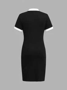 SHEIN Vestito casual quotidiano per ragazze pre-adolescenti, con colletto a contrasto bianco e nero, aderente, con ricamo a farfalla e cintura - nero - Visualizzare 2