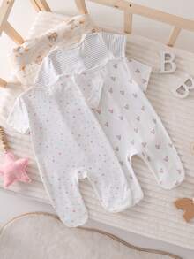 [2pcs/Set] Newborn Soft & Comfortable Romper Pajamas, Heart & Floral Print, Short Sleeve Footed Design - Multicolor - View 2