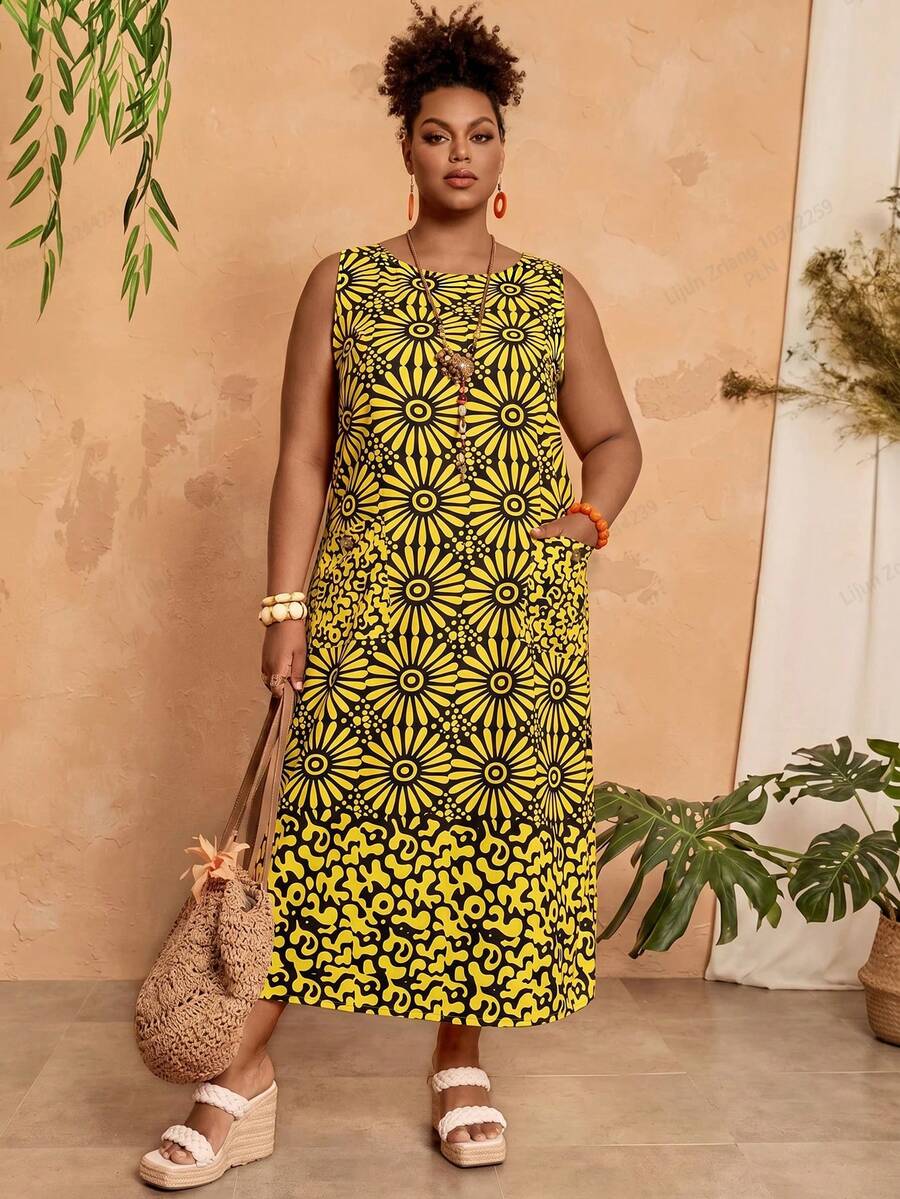 EMERY ROSE Plus Size Round Neck Sleeveless Pocket Casual Summer Dress - Multicolor - View 1
