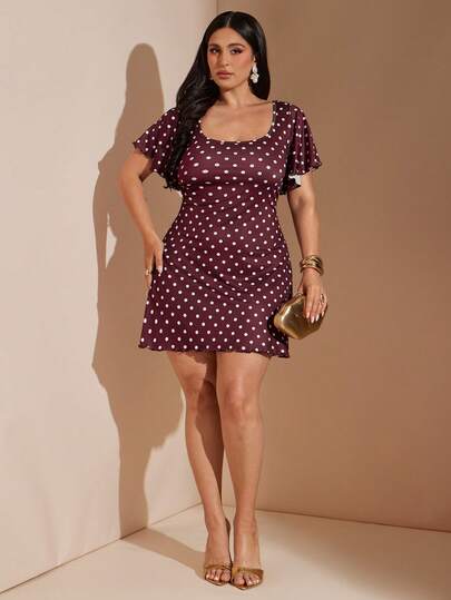 SHEIN BAE CURVE Rochie scurtă cu buline și legături în spate pentru femei, mărime plus