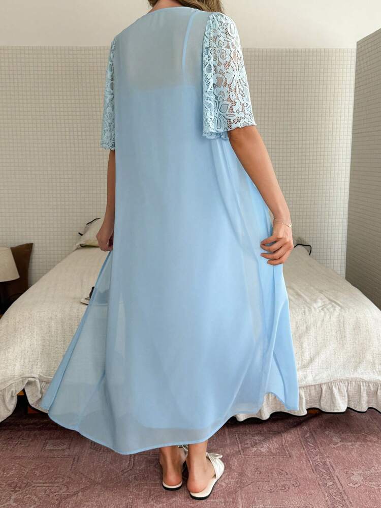 Women's Contrast Lace Short Sleeve Robe And Dress Elegant Sleepwear Set