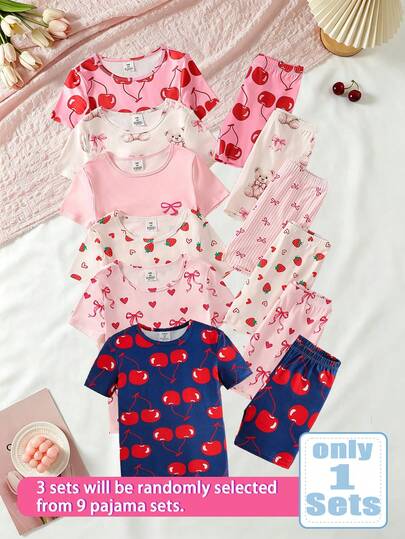 Conjunto de 6 piezas de pijama de ajuste ceñido para niñas preadolescentes, de manga corta y pantalón corto, con un estilo dulce y elegante con estampados de cerezas, fresas, corazones, osos y lazos, popular entre las niñas lindas para usar en casa y dormir.