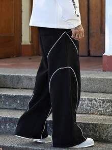 Devon Thys 男士撞色绑带抽绳口袋宽松休闲运动裤，外出长街穿着超大号拼色运动裤，适合丈夫、男朋友的礼物 - 黑色 - 查看 4