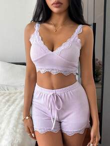 DAZY 2pcs Lace Patchwork Cropped Camisole And Shorts Pajama Set For Women, Summer - Purple - View 4