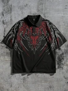 ROMWE MEN Kemeja Polo Lengan Pendek Pria Motif Tengkorak Kasual Serbaguna untuk Pemakaian Sehari-hari - Hitam - View 5