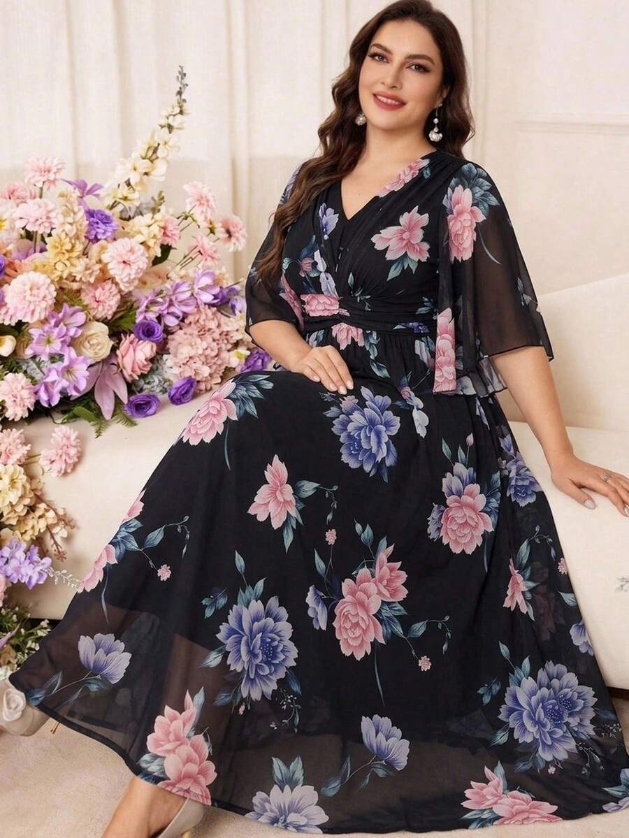 Modelyn 大码女式印花V领褶皱优雅连衣裙