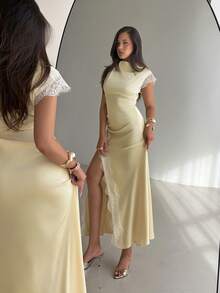Aloruh Women's Elegant Light Yellow Dress, Sexy High Slit Lace Trim Asymmetric Short Sleeve Dress - Light Yellow - View 7