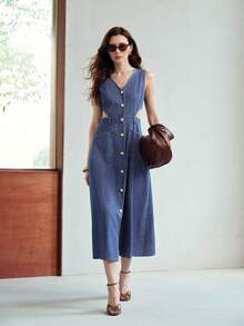 MOTF ĐẦM DENIM NỮ MÙA HÈ KIỂU DÁNG THƯỜNG NGÀY, CÓ KHUY CÀI PHÍA TRƯỚC. - Rửa nhẹ - Xem 1