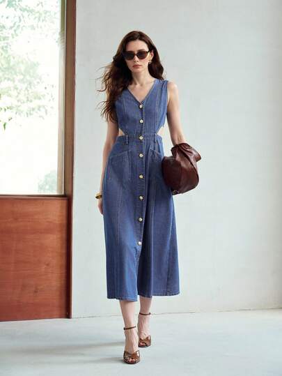 MOTF ĐẦM DENIM NỮ MÙA HÈ KIỂU DÁNG THƯỜNG NGÀY, CÓ KHUY CÀI PHÍA TRƯỚC.