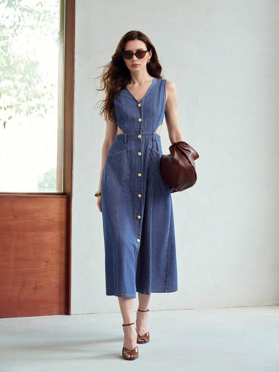 MOTF ĐẦM DENIM NỮ MÙA HÈ KIỂU DÁNG THƯỜNG NGÀY, CÓ KHUY CÀI PHÍA TRƯỚC. - Rửa nhẹ - Xem 1