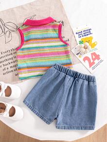 SHEIN Playful Pals 女婴贴花撞色条纹图案夏季背心和牛仔短裙，荷叶边刺绣樱桃图案复古可爱沙滩度假套装 - 彩色 - 查看 2