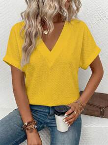 EMERY ROSE Kaos Wanita Lengan Pendek Leher V Warna Polos, Kasual dan Serbaguna - Kuning - View 5