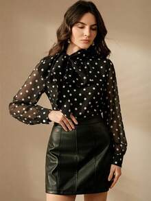 Anewsta Casual Elegant Commuting Polka Dot Design Bow Tie Satin Collar Slimming Comfortable Pullover Blouse For Women Office Brunch Autumn Teachers' Day - Black - View 5
