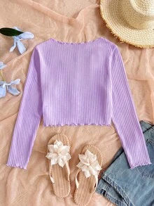 SHEIN Áo khoác cardigan cổ chữ V, viền bèo nhún, cài cúc phía trước dành cho bé gái tuổi teen, kiểu dáng thời trang thường ngày cho mùa thu/đông, đi học, hoặc phối đồ mẹ và bé. - Màu tím - Xem 2