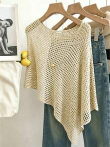 SHEIN Holidaya Solid Color Asymmetric Hem Hollow See-Through Pullover Sweater - Apricot - View 5