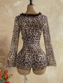 Soleia Mono largo de manga larga con escote en V profundo y estampado de leopardo vintage para vacaciones de mujer - Café integral - Ver 2