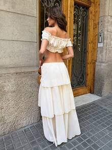 MainGRL Bộ đồ 2 mảnh dành cho nữ màu mơ, kiểu dáng nghỉ dưỡng, gồm áo croptop trễ vai xếp ly và chân váy xòe cạp thấp. - Màu be - Xem 2