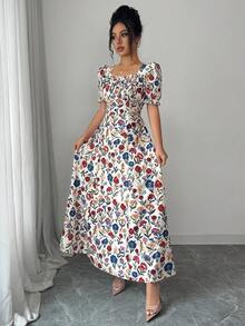 Rafferiza Women's Elegant Floral Print Square Neck Dress, Ruffle Trim, Ruffle Sleeves, Suitable For Spring, Summer, Autumn Short Dress - Multicolor - View 7