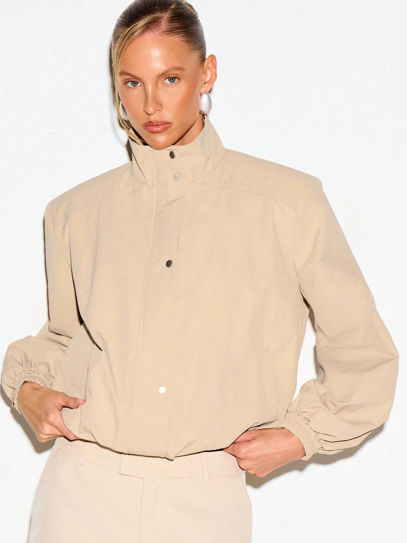 Funnel Neck Windbreaker Jacket With Shoulder Pads