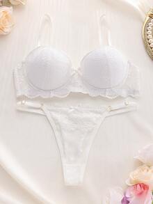 DelicateAllure Pink Women's Underwear Set, Bra With Underwire & Lace Thong Panty - White - View 9