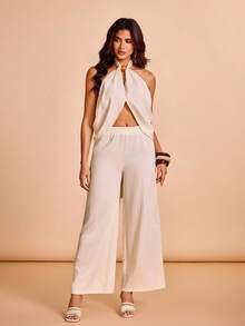 Glamance Bộ đồ nữ màu trơn gồm áo hai dây buộc sau lưng và quần ống rộng, kiểu dáng thường ngày. - Màu be - Xem 2