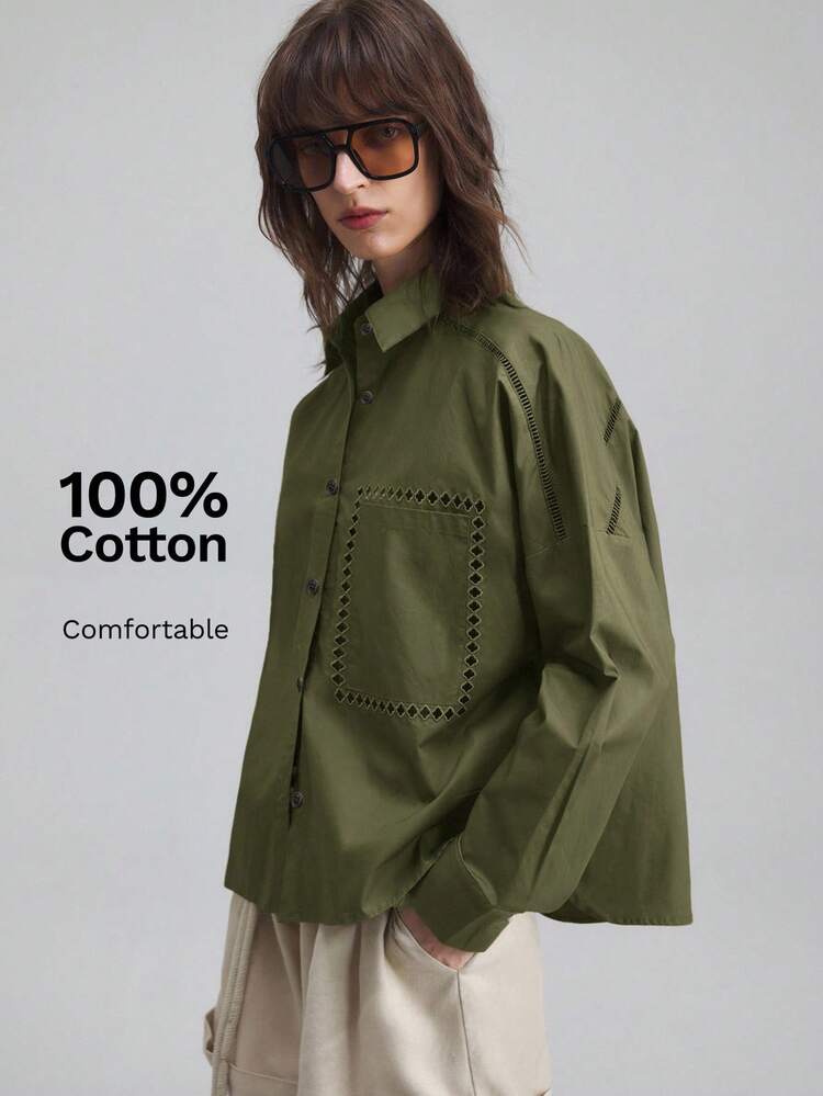 2026 New Summer Women's Long Sleeve Embroidered Blouse, Casual Loose Shirt With Mandarin Collar, Hollow Embroidery Design, Vacation Style Business Casual Wear For Women, Office Attire For Female Teachers,Summer Top