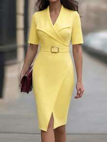 GlowEve CURVE Plus Size Comfortable Elegant Dress, Waist Cinching Design, Slit Detail, Flattering For Commute Cocktail And Dates Light Yellow Summer - Yellow - View 5