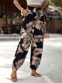 SHEIN PETITE Women's Black Leaf Vintage Tropical Autumn Vacation Jogger Pants, Ruffle Drawstring High Waist Side Pocket Light Print Harem Beach Trousers, Petite - Black - View 5