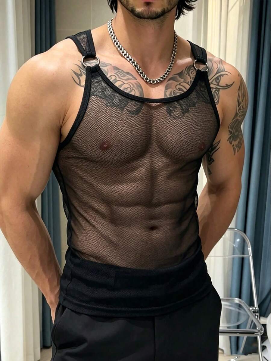 Manfinity Dauomo Men's Mesh Sheer See-Through Casual Elegant Top Club Black Summer - Black - View 1