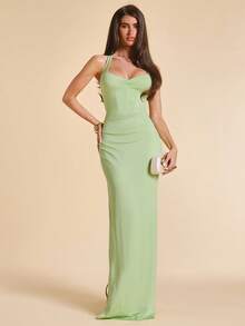 SHEIN BAE Đầm xẻ tà màu xanh lá cây cổ yếm xoắn nhún bèo, gợi cảm và dịu dàng cho kỳ nghỉ biển, hẹn hò. - màu xanh lá - Xem 3