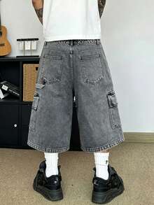 STEELVANCE Men's Fashionable Casual Multi-Pocket Washed Gray Denim Wide Leg Shorts - Grey - View 2