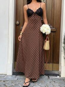 Vestido largo con estampado de lunares negros, encaje, escote en V, cuello halter, espalda descubierta, cintura con lazo, para mujer, primavera/verano, elegante, vacaciones - Blanco - Ver 10