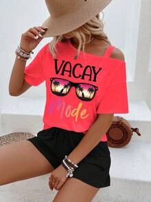 SHEIN LUNE Women's Asymmetric Neck Short Sleeve Casual Tropical Loose 2 Pieces Set, Summer Vacation Pink Graphic Black - Multicolor - View 5
