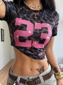 Coolane Women's Summer Streetwear Going Out Y2K Sparkly Rhinestone Slim Fit T-Shirt,Summer Top - Brown - View 5