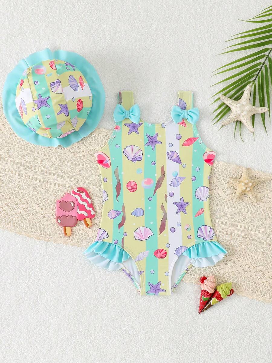 SHEIN GraphicGems Baby Girl Summer Holiday Striped Shell Print Ruffle One-Piece Swimsuit And Hat Beach Set - Blue - View 1