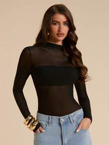 SHEIN BAE 1. Áo kiểu dáng thanh lịch ôm sát, xếp ly, chất liệu lưới xuyên thấu, không tay, màu đen sang trọng, tối giản. - màu đen - Xem 6