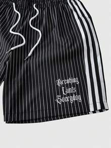 ROMWE MEN Men's Contrast Stripe Print Drawstring Waist Casual Shorts - Black - View 4