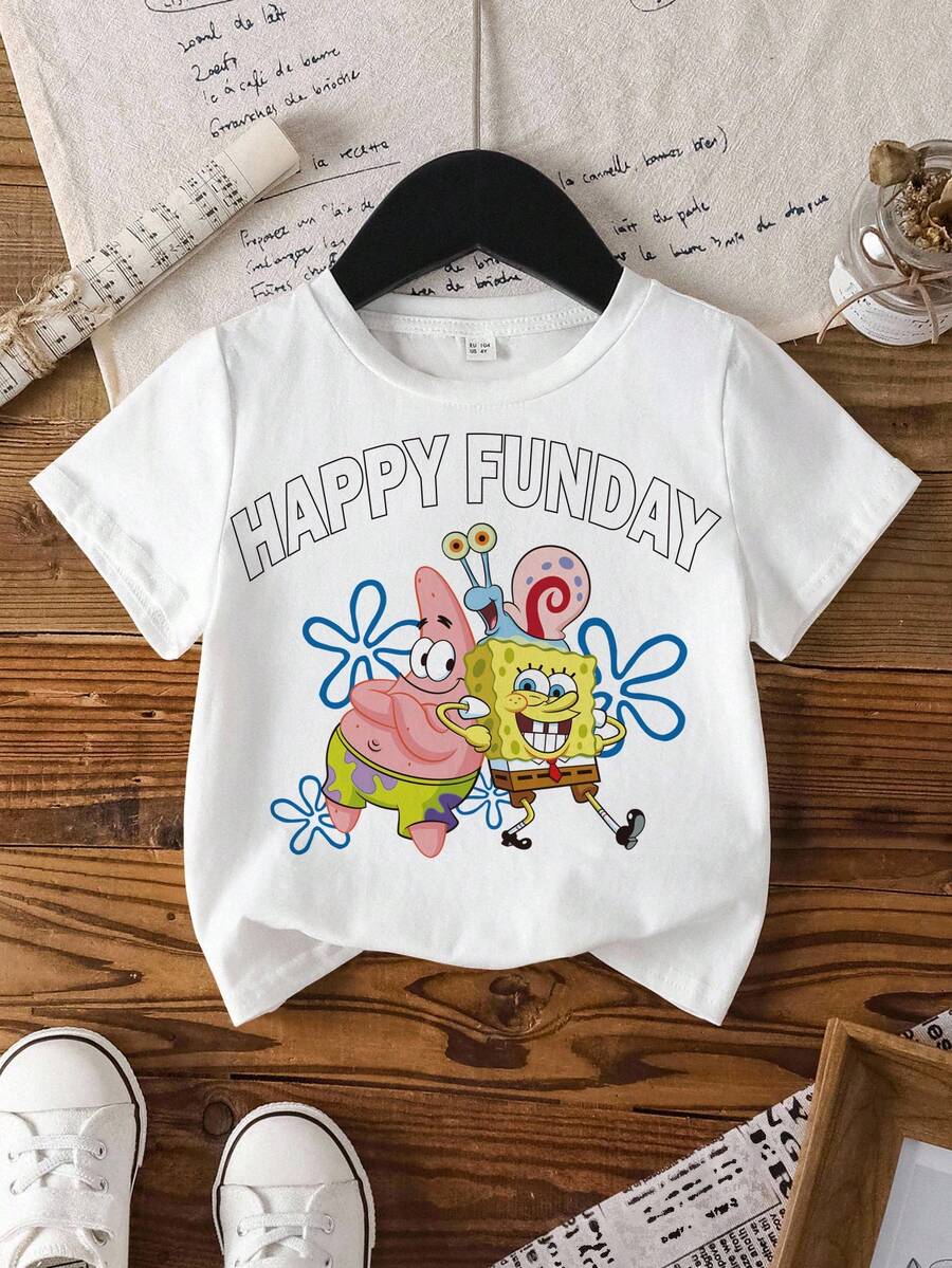 SpongeBob SquarePants | SHEIN Young Girl Casual Cartoon Print T-Shirt, Summer - White - View 1