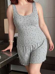 Dazy Plus 舒适小碎花针织无袖背心短裤两件套睡衣套装，大码女装春夏款 - 灰色 - 查看 5