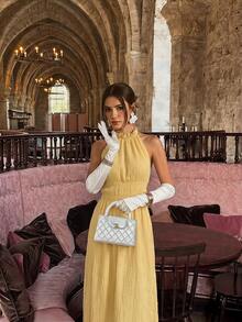 Enchnt Vestido feminino elegante de cor sólida, sem costas e com decote halter, ideal para o verão. - Amarelo - Ver 2