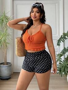 SHEIN EZwear 大码女式夏季休闲度假波点印花褶皱修身短裤 - 黑色 - 查看 7