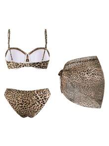 Swim Oasis 3pcs Women's Summer Beach Holiday Vacation Leopard Print Ruffled Bandeau Bikini Set: Tropical And Elegant Beach Outfit Holiday Brown Zebra Print - Multicolor - View 2
