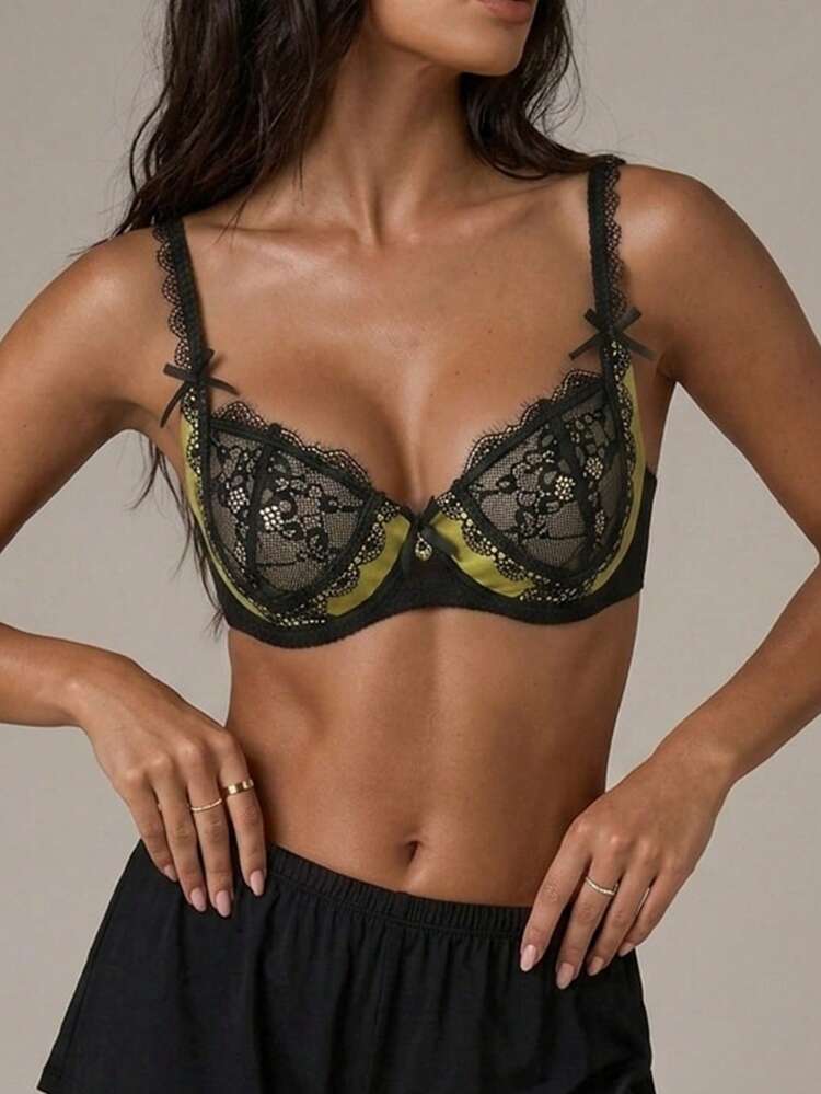 Lace Patchwork Semi-Sheer Adjustable Strap Lightly Padded Bra For Women