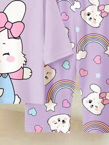 Cute Rabbit, Rainbow, Heart Print Baby Girls Loose Fit Loungewear Set, Suitable For Summer Daily, Home, Chill Day - Multicolor - View 5