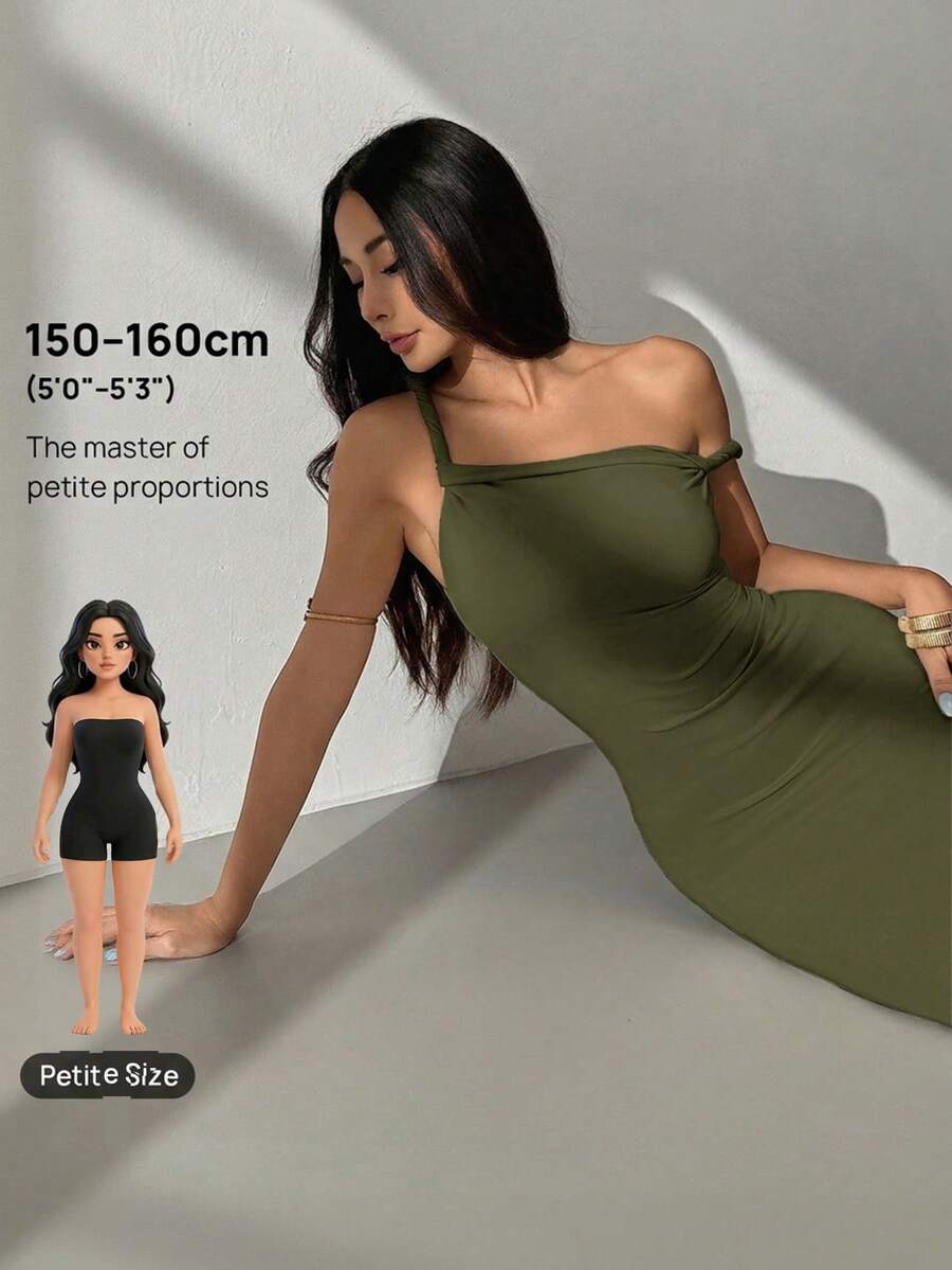 SHEIN PETITE 女士时尚性感纯色连衣裙 - 軍綠色 - 查看 1