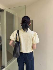 INAWLY 女款荷葉邊飾短泡泡袖上衣 - 黃色 - 查看 3
