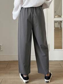 DAZY Business Casual Regular Waist Elastic Waist Plain Trousers - Dark Grey - View 5