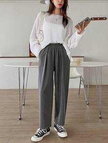 DAZY Business Casual Regular Waist Elastic Waist Plain Trousers - Dark Grey - View 7